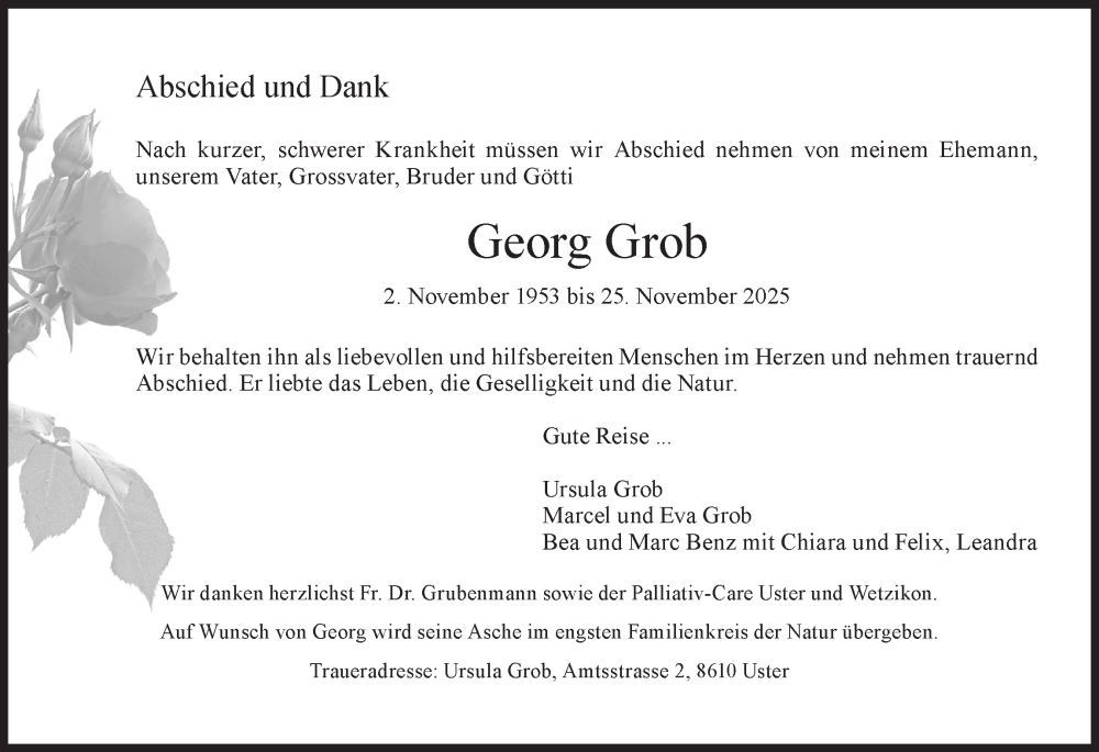  Traueranzeige für Georg Grob vom 03.12.2025 aus AvU