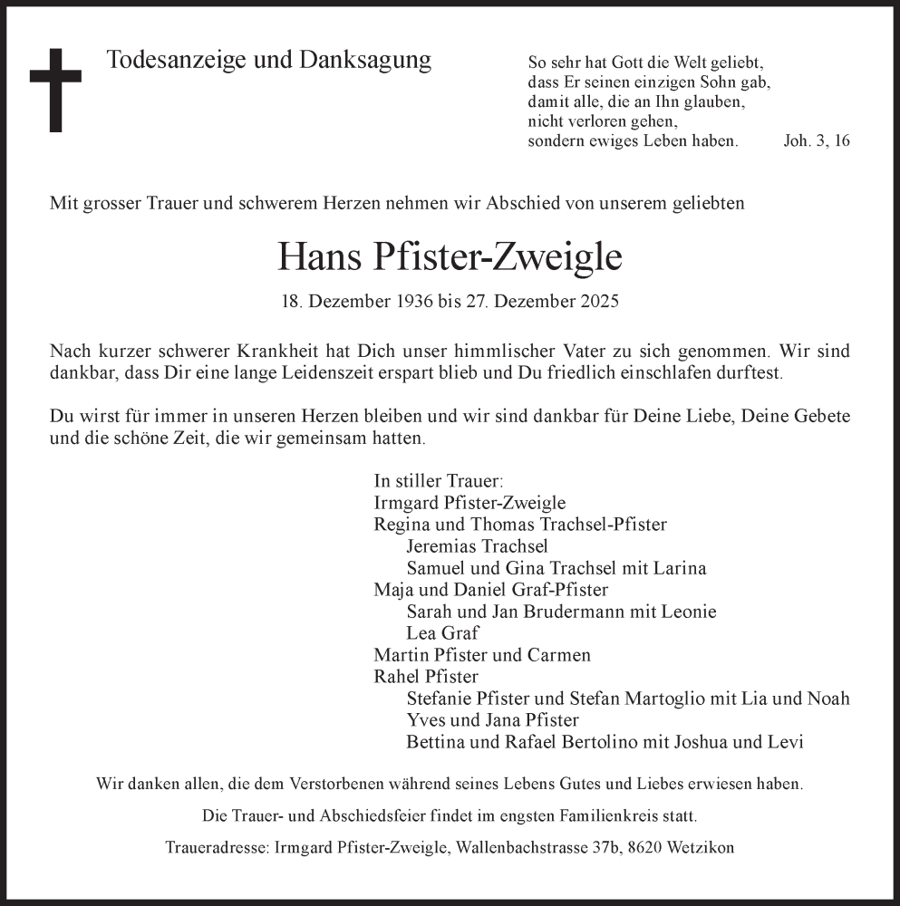  Traueranzeige für Hans Pfister-Zweigle vom 31.12.2025 aus AvU