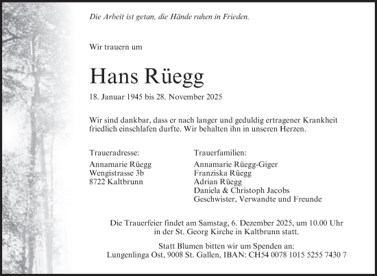 Traueranzeige von Hans Rüegg von AvU