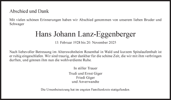 Traueranzeige von Hans Johann Lanz-Eggenberger von AvU