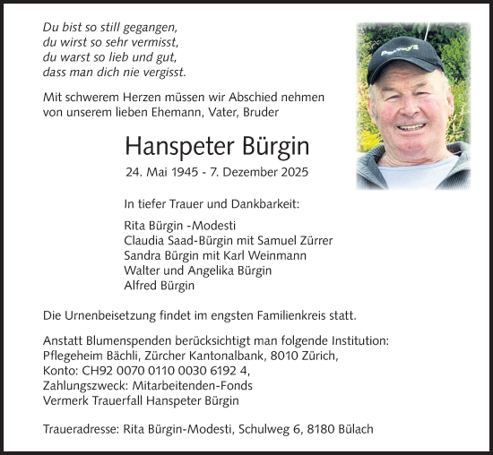 Traueranzeige von Hanspeter Bürgin von AvU