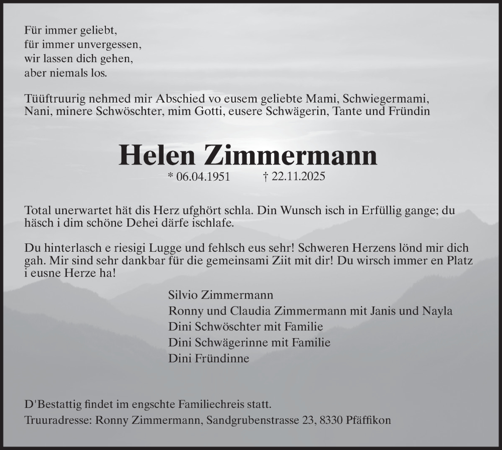  Traueranzeige für Helen Zimmermann vom 03.12.2025 aus AvU
