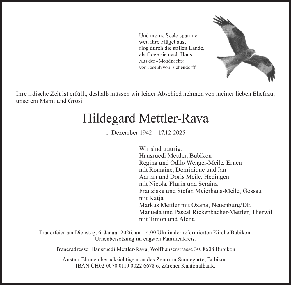  Traueranzeige für Hildegard Mettler-Rava vom 24.12.2025 aus AvU