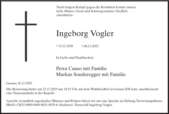 Traueranzeige von Ingeborg Vogler von AvU