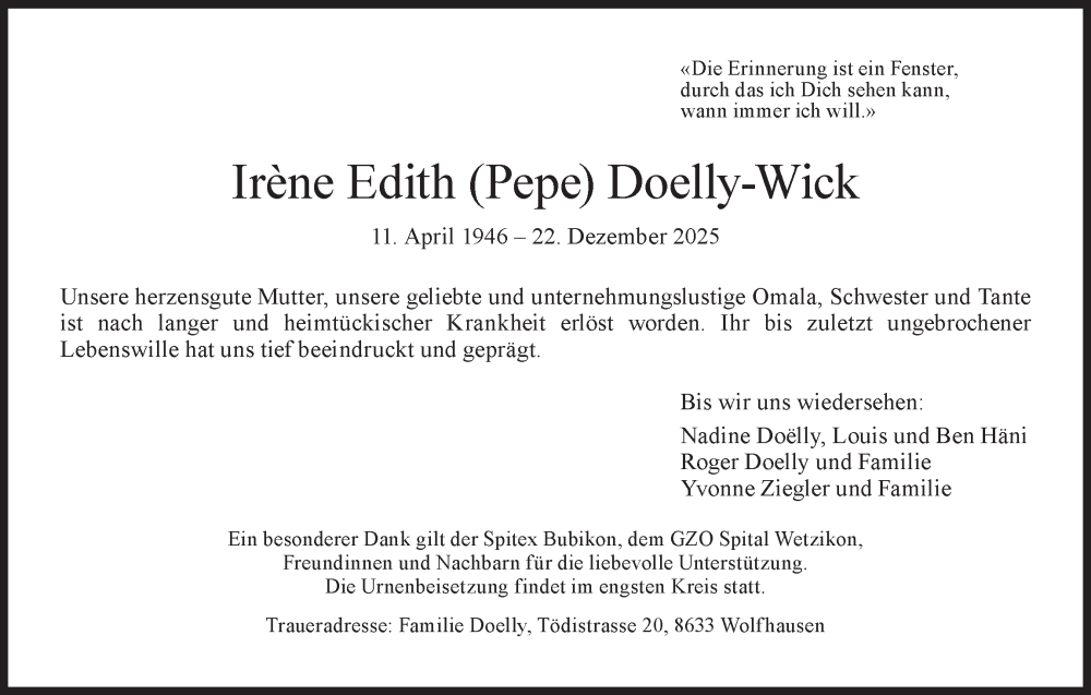  Traueranzeige für Irene Edith Doelly-Wick vom 31.12.2025 aus AvU