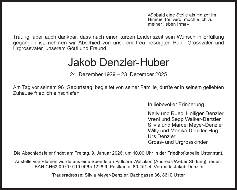  Traueranzeige für Jakob Denzler-Huber vom 31.12.2025 aus AvU