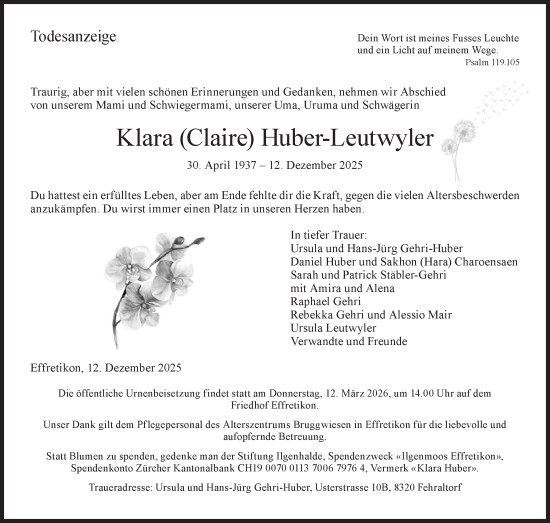 Traueranzeige von Klara Huber-Leutwyler von reg_2