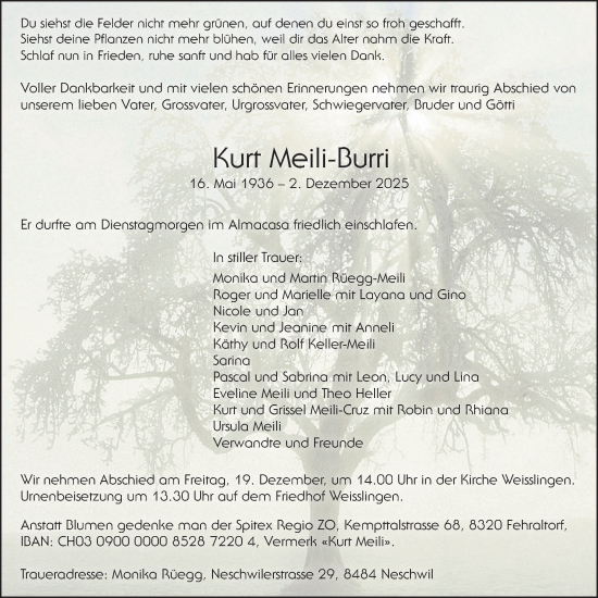 Traueranzeige von Kurt Meili-Burri von AvU