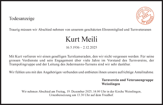 Traueranzeige von Kurt Meili von AvU