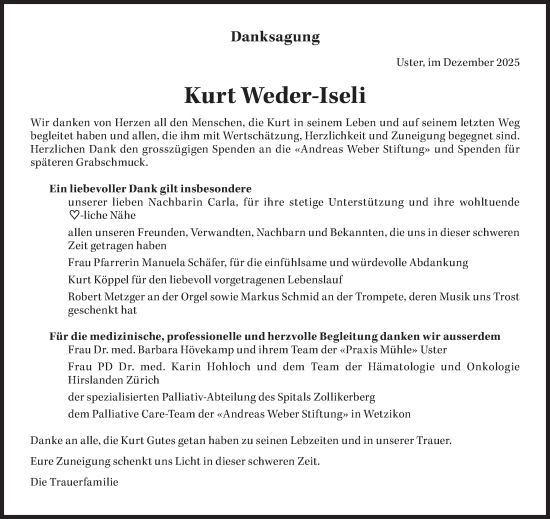 Traueranzeige von Kurt Weder-Iseli von AvU