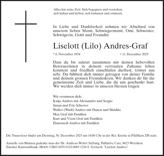 Traueranzeige von Liselott Andres-Graf von AvU