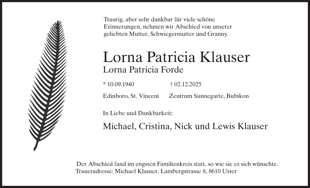  Traueranzeige für Lorna Patricia Klauser vom 24.12.2025 aus AvU