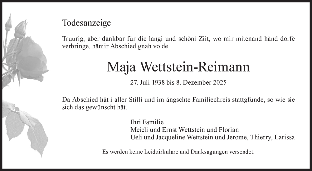  Traueranzeige für Maja Wettstein-Reimann vom 17.12.2025 aus AvU