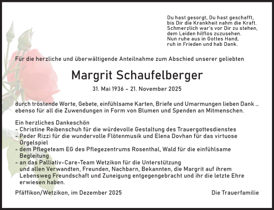 Traueranzeige von Margrit Schaufelberger von AvU