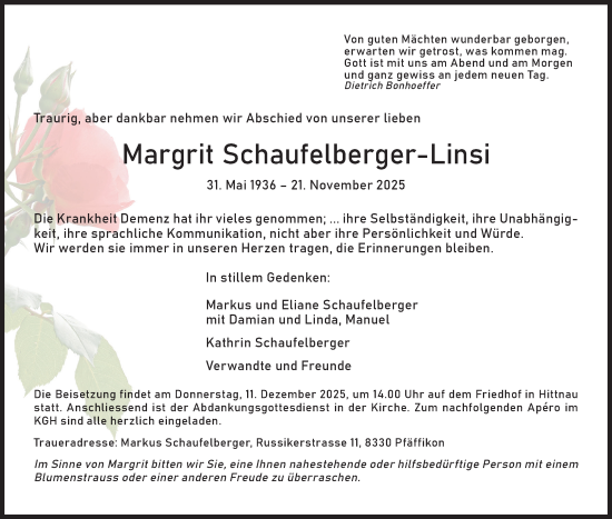Traueranzeige von Margrit Schaufelberger von AvU