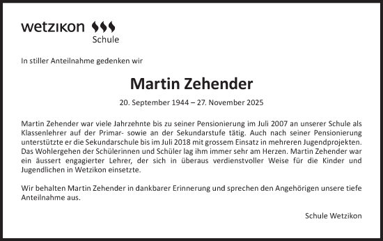 Traueranzeige von Martin Zehender von AvU