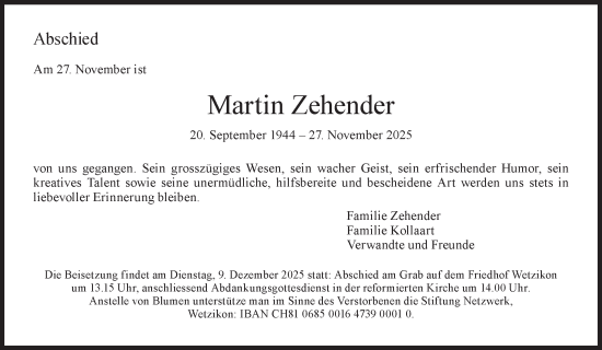 Traueranzeige von Martin Zehender von AvU