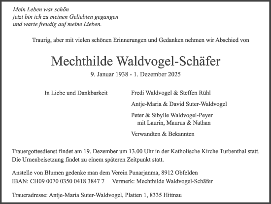 Traueranzeige von Mechthilde Waldvogel-Schäfer von AvU