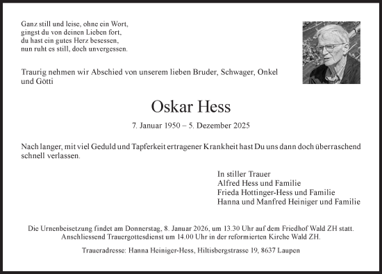 Traueranzeige von Oskar Hess von AvU