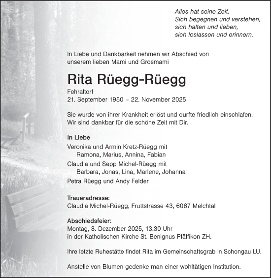 Traueranzeige von Rita Rüegg-Rüegg von AvU