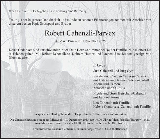 Traueranzeige von Robert Cahenzli-Parvex von AvU