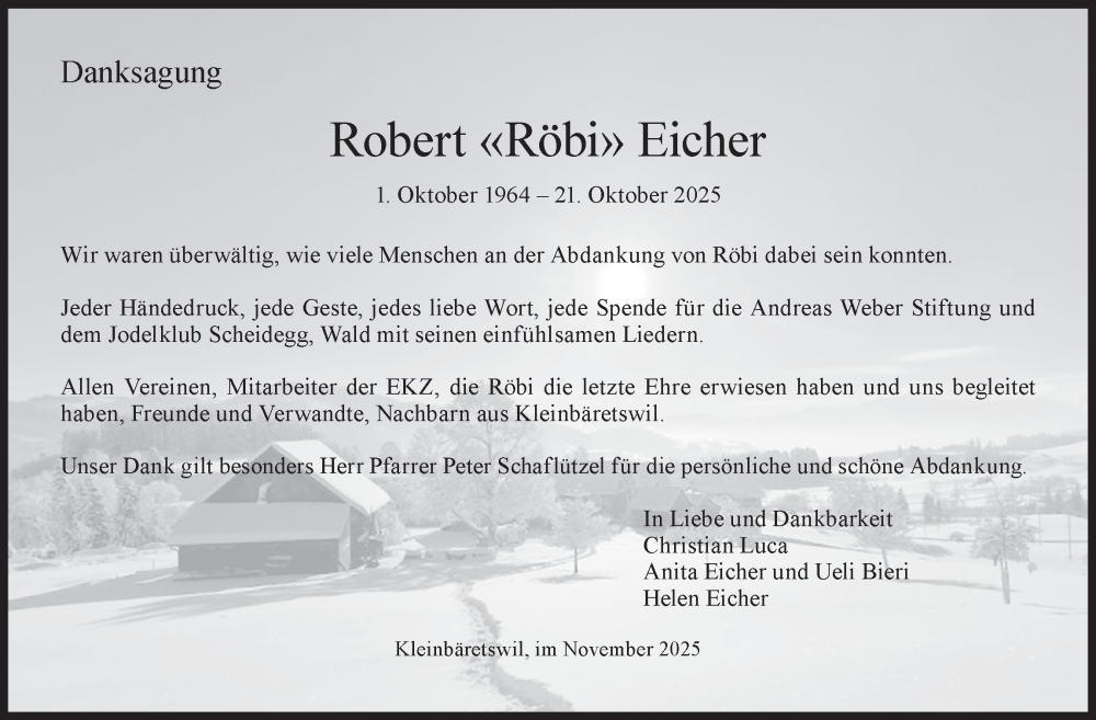  Traueranzeige für Robert Eicher vom 03.12.2025 aus AvU