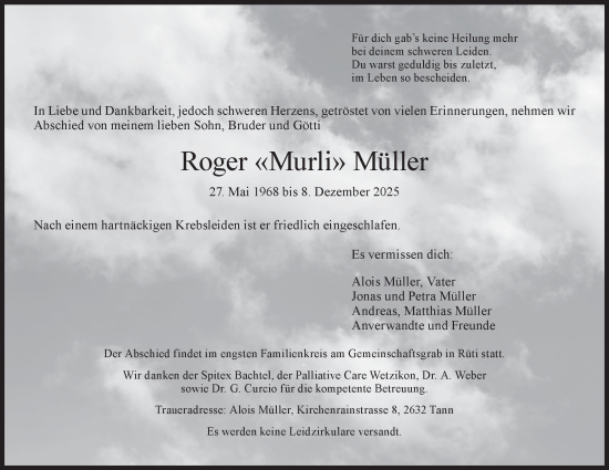 Traueranzeige von Roger Müller von AvU