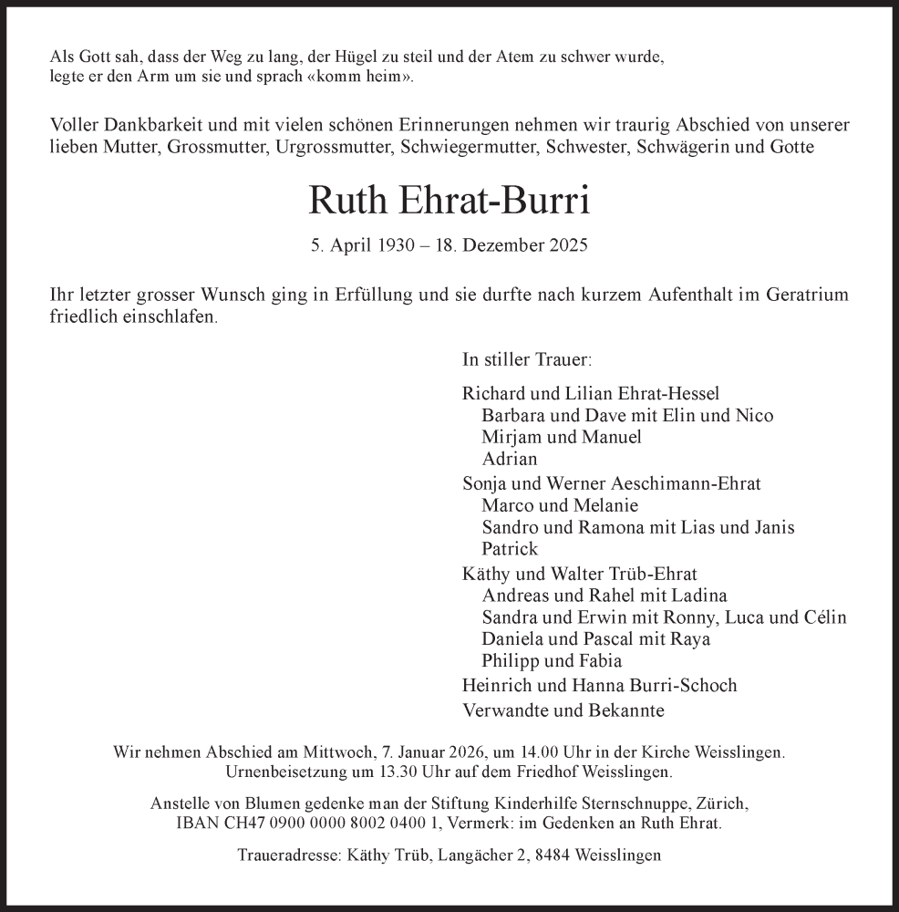  Traueranzeige für Ruth Ehrat-Burri vom 27.12.2025 aus AvU