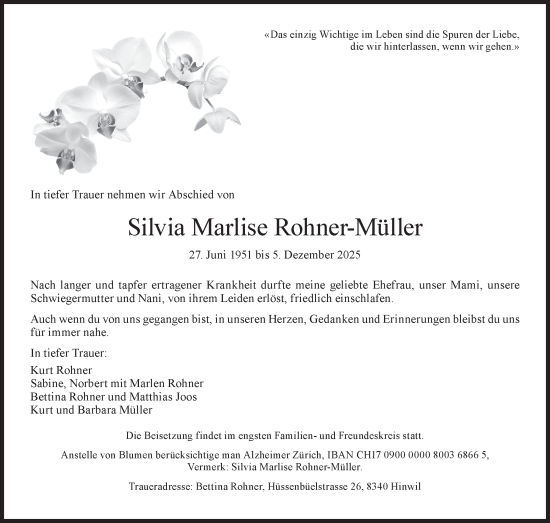 Traueranzeige von Silvia Marlise Rohner-Müller von AvU