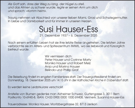 Traueranzeige von Susi Hauser-Ess von GL solo