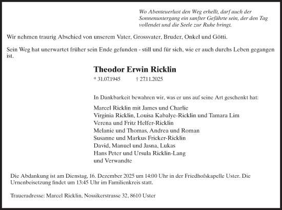 Traueranzeige von Theodor Erwin Ricklin von AvU