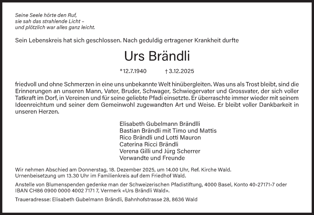  Traueranzeige für Urs Brändli vom 10.12.2025 aus AvU