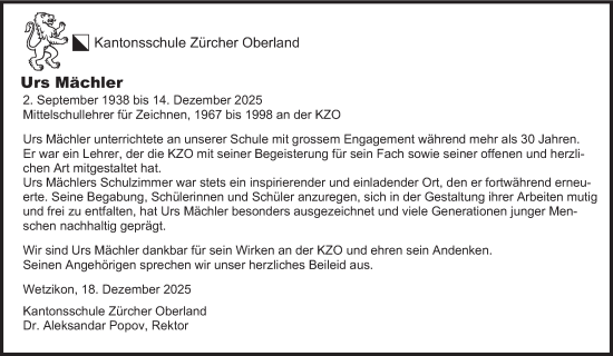 Traueranzeige von Urs Mächler von AvU