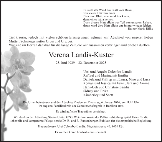 Traueranzeige von Verena Landis-Kuster von AvU