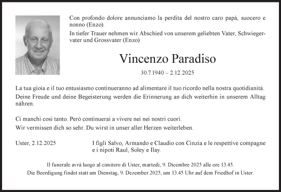 Traueranzeige von Vincenzo Paradiso von AvU