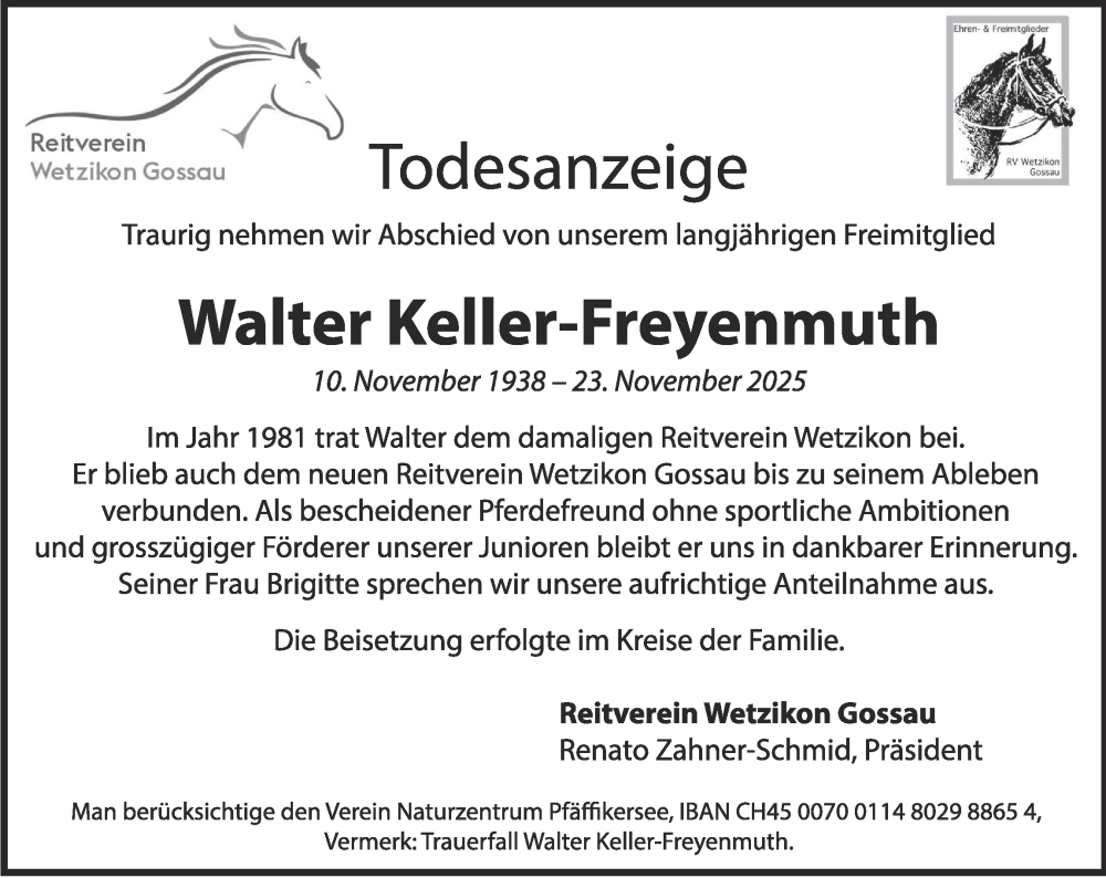  Traueranzeige für Walter Keller-Freyenmuth vom 16.12.2025 aus AvU