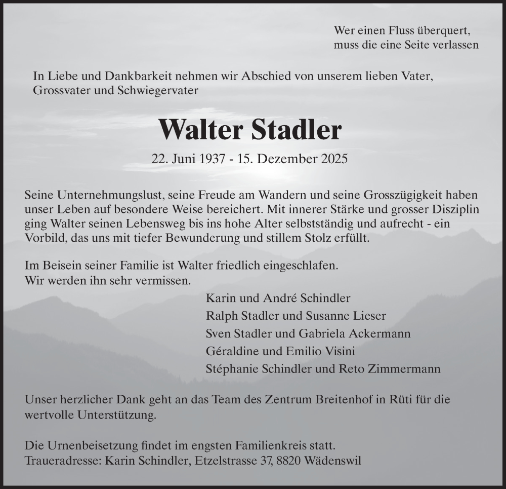  Traueranzeige für Walter Stadler vom 24.12.2025 aus AvU