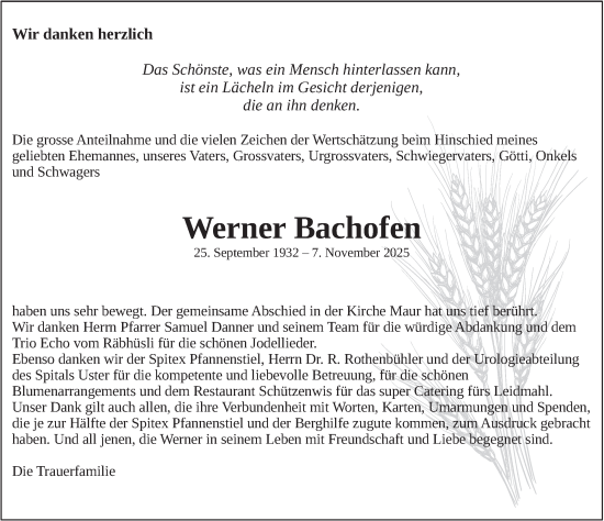 Traueranzeige von Werner Bachofen von AvU