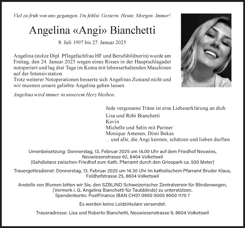  Traueranzeige für Angelina Bianchetti vom 05.02.2025 aus AvU