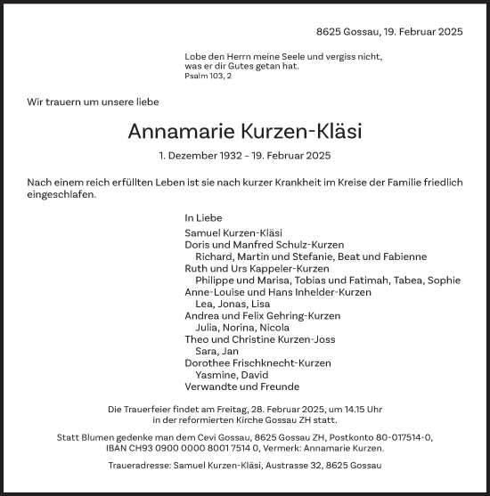 Traueranzeige von Annamarie Kurzen-Kläsi von AvU