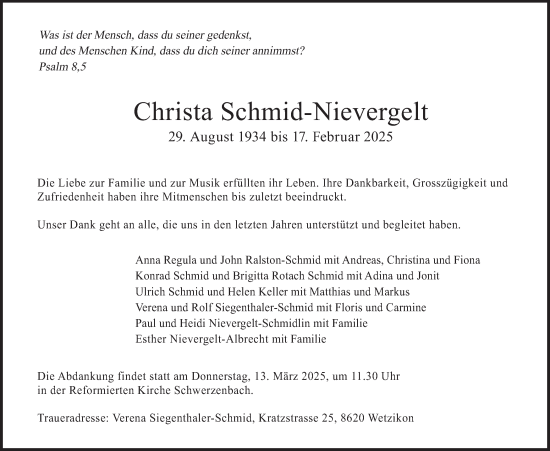 Traueranzeige von Christa Schmid-Nievergelt von AvU
