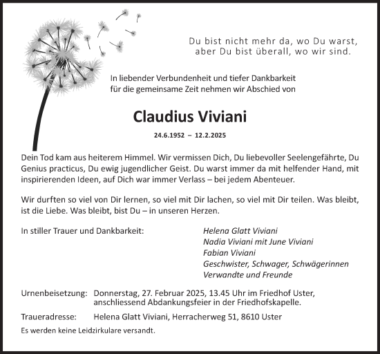 Traueranzeige von Claudius Viviani von AvU