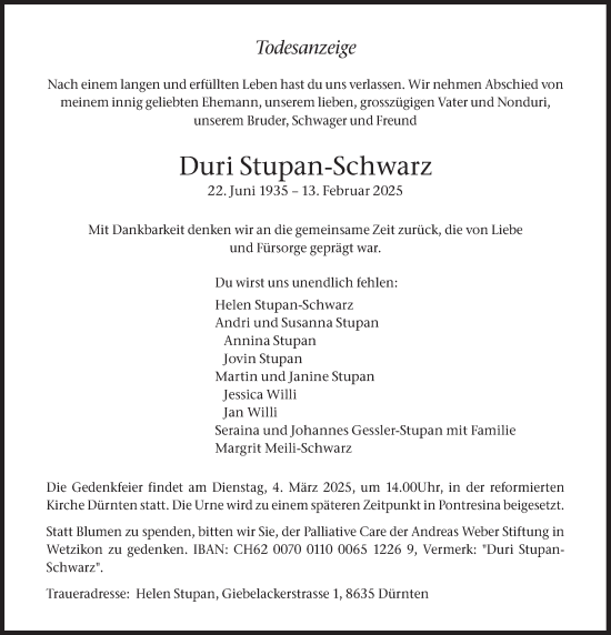 Traueranzeige von Duri Stupan-Schwarz von AvU