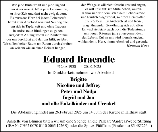 Traueranzeige von Eduard Braendle von AvU