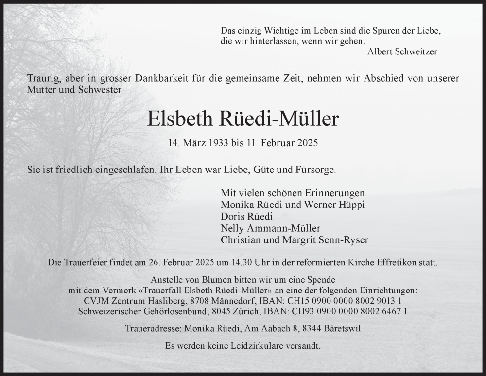  Traueranzeige für Elsbeth Rüedi-Müller vom 18.02.2025 aus AvU