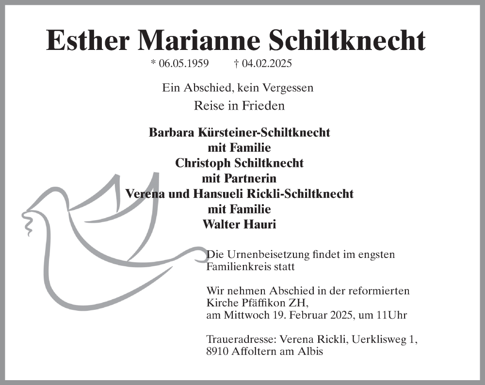  Traueranzeige für Esther Marianne Schiltknecht vom 12.02.2025 aus AvU