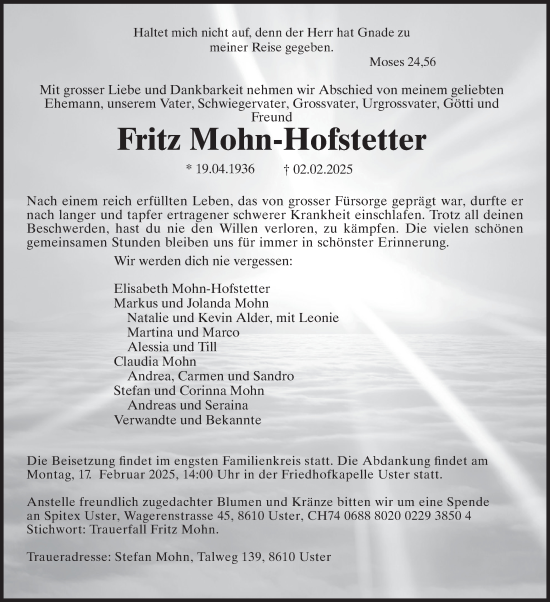 Traueranzeige von Fritz Mohn-Hofstetter von AvU