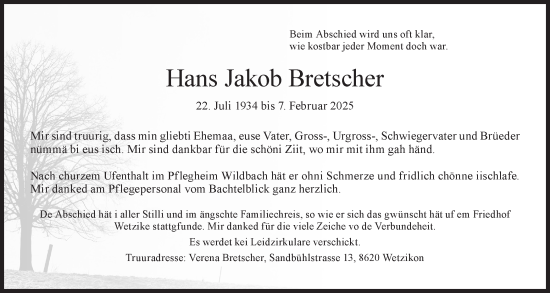 Traueranzeige von Hans Jakob Bretscher von AvU
