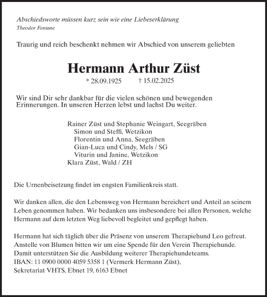 Traueranzeige von Hermann  Züst von AvU