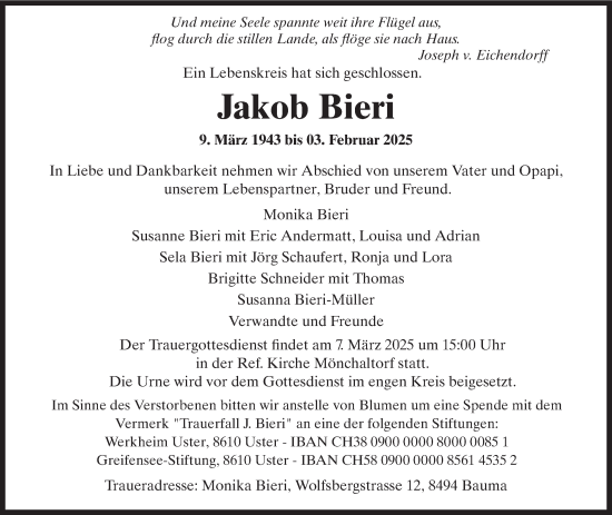 Traueranzeige von Jakob Bieri von AvU